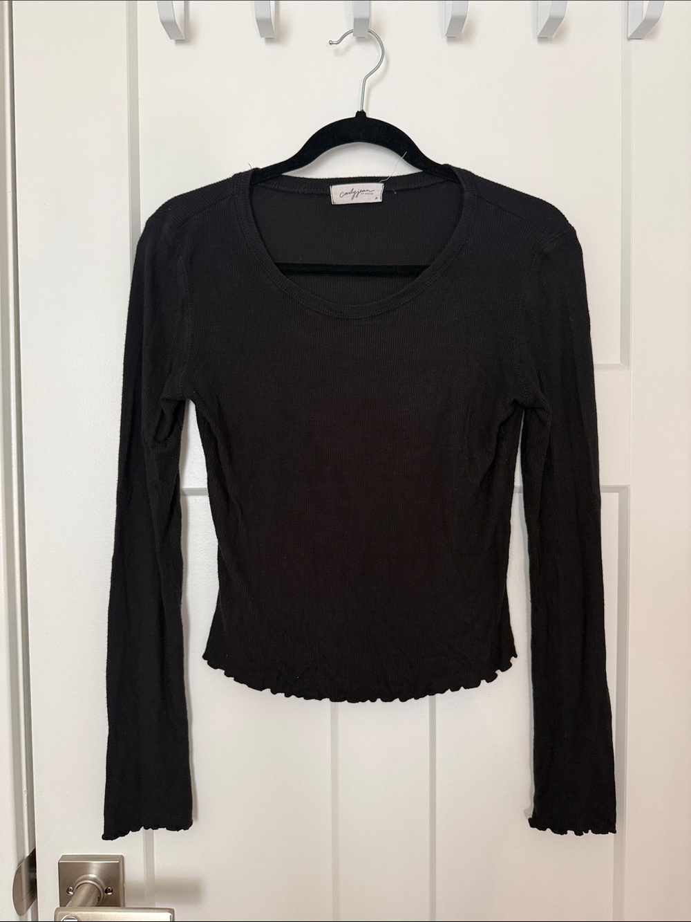 Chla Black Ribbed Long Sleeve Tee with Lettuce Hem